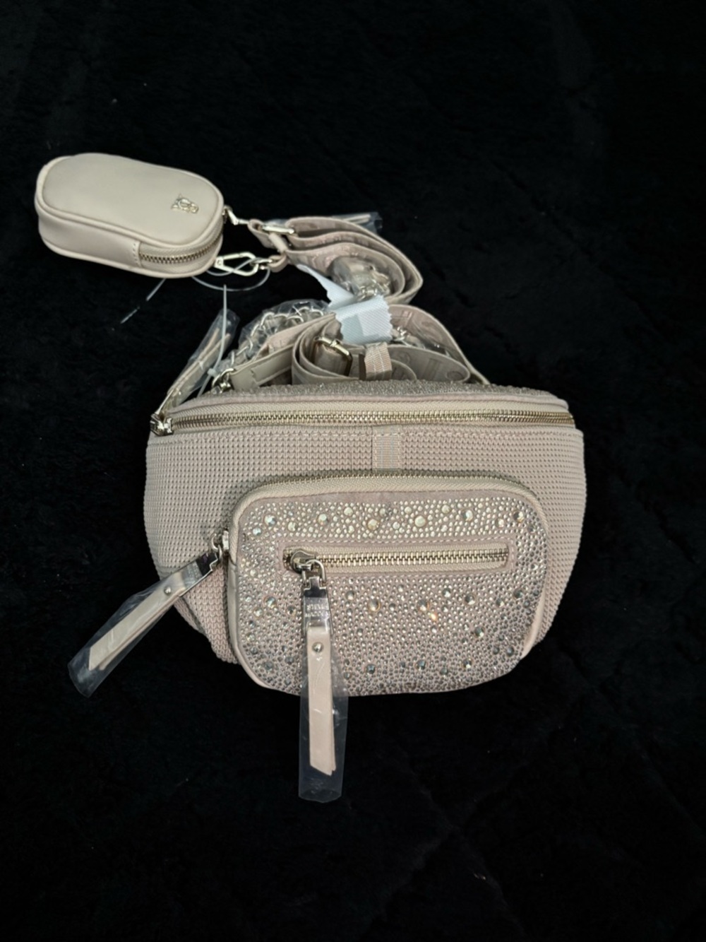 New Steve Madden Beige Rhinestone Front Pocket Crossbody Belt Bag